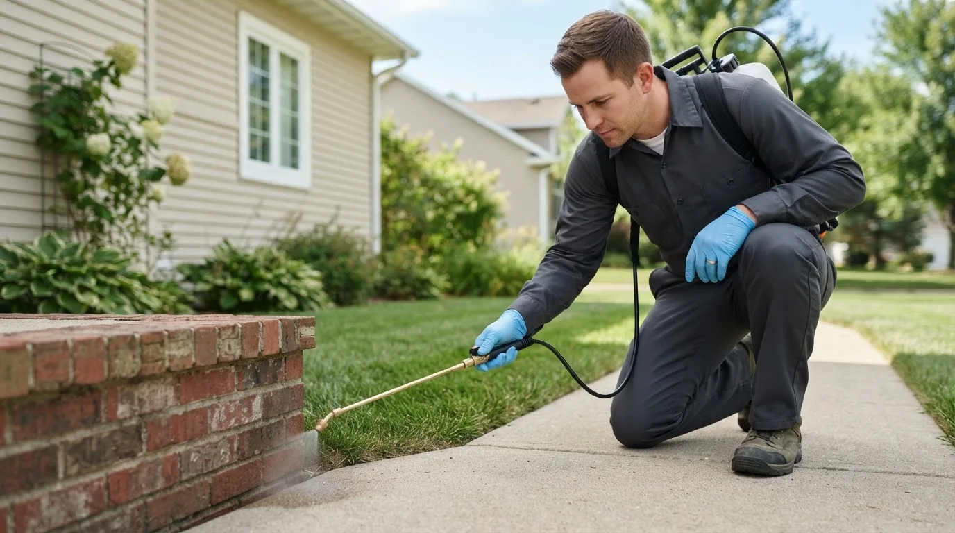 Pest control technician treating a home near Saco, ME