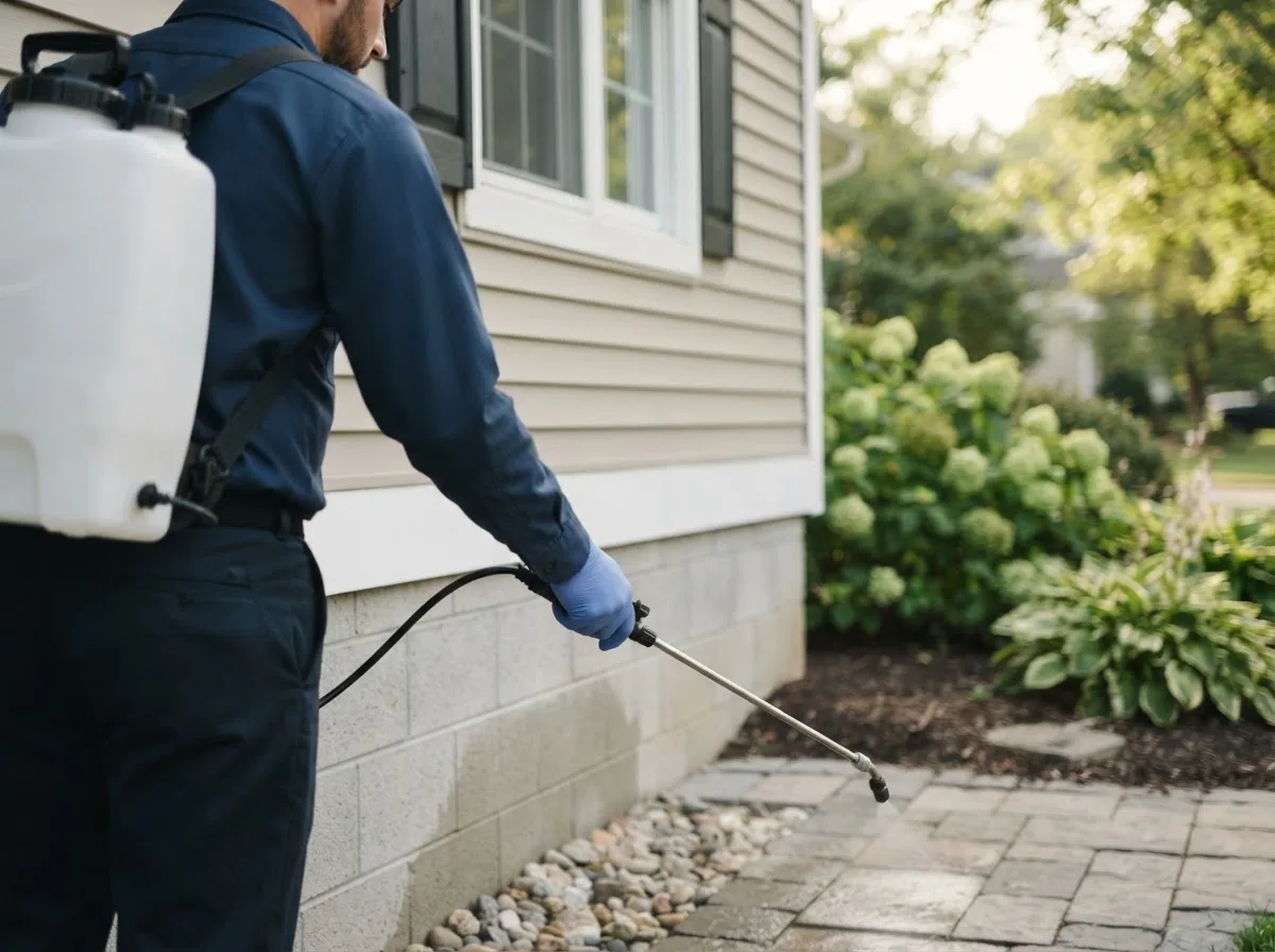 Pest control technician inspecting a home in Saco, ME